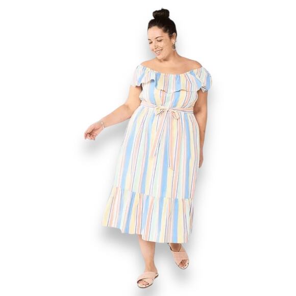 DRAPER JAMES RSVP Off Shoulder Multicolor Striped Ruffle Sleeve Midi Dress XL - Picture 1 of 8
